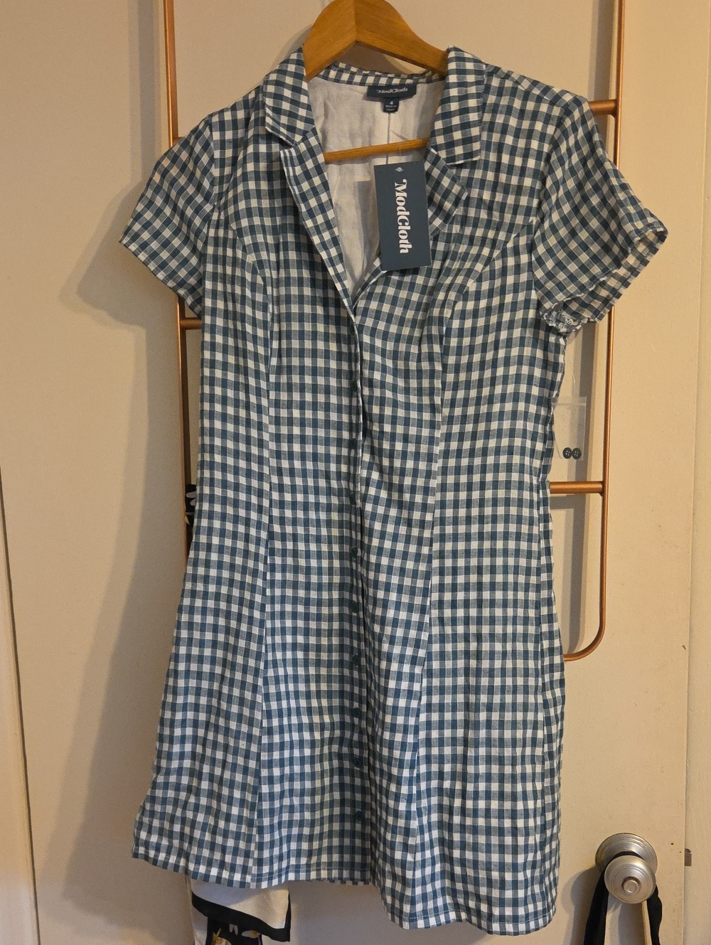 Modcloth Green & White Gingham Short-Sleeve Mini Dress